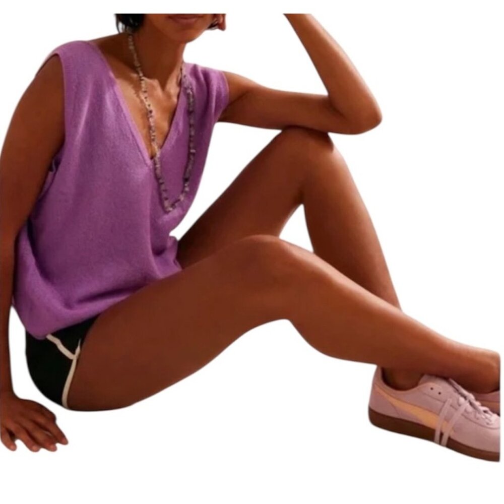 Free People Beach Lavender Cotton Knit Tie-Strap Tank Top V-Neck Small